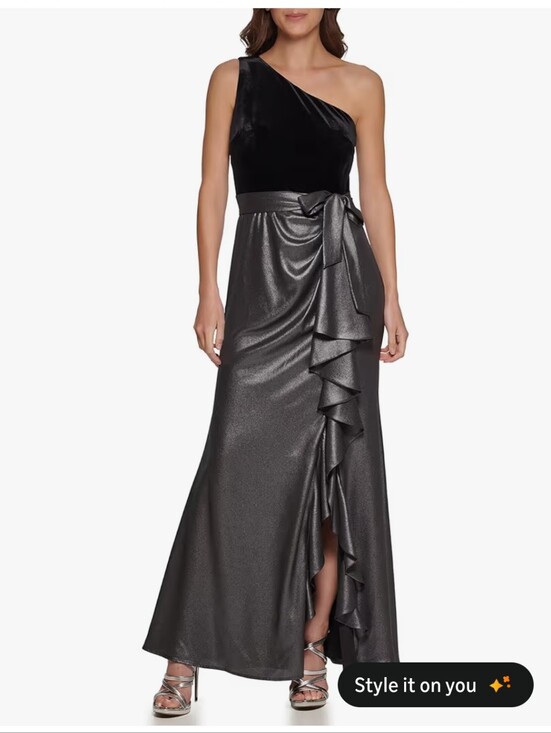 Dkny Dresses & Skirts - DKNY Velvet Foil Chiffon Ruffle Mix Media Dress Gown Maxi Length